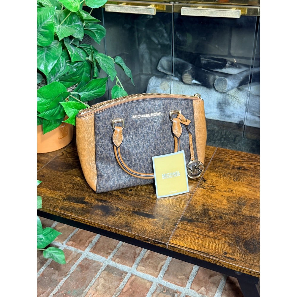 Michael Kors Maxine Small Satchel Brown Monogram Coated Canvas Leather Bag
